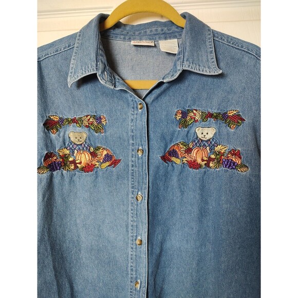 Bobbie Brooks Women's XL Embroidered Button Up Denim Shirt Bear Pumpkin Fall - Picture 2 of 5